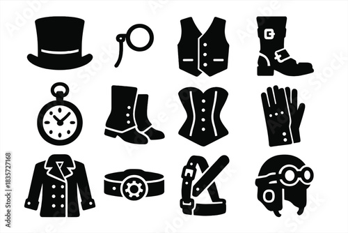 Steampunk Style Icons. Solid style icons of Steampunk attire: top hat, monocle, waistcoat, leather boots, pocket watch, spats,