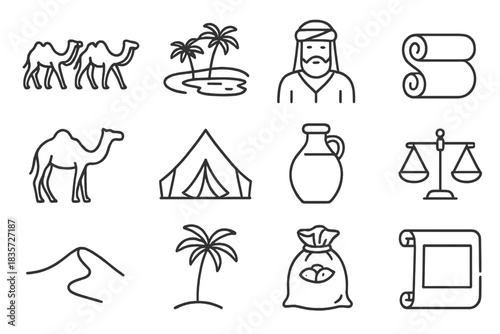 Silk Trade Icons. Line style icons of Silk Trade: Caravan, Desert Oasis, Merchant, Silk Roll; Camel, Tent, Water Jar, Scale; Sand