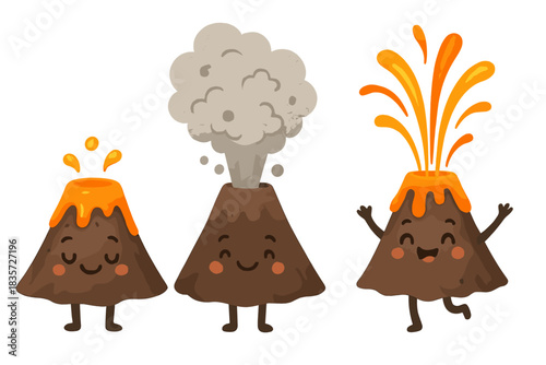 Happy Volcano Eruptions. Different eruption types shown as happy volcano characters—gently bubbling, ash puffing, and lava
