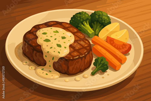 Gourmet Steak Elegance. Tender vector illustration steak drizzled with creamy herb sauce, served with a side of vegetables, warm