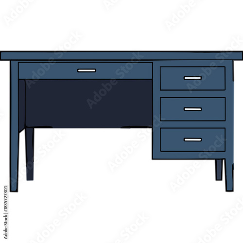 Classic Dark Blue Wooden Desk with Three Drawers on the Right Side and One Long Drawer on the Left With White Handles Isolated on a Black Background With Simple Clean Lines and Rectangular Shape