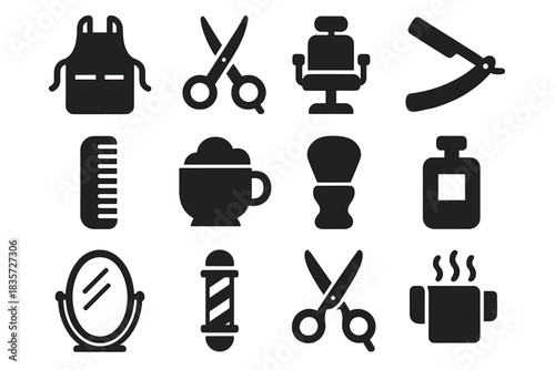 Barber's Craft Icons. Solid style icons of Barber’s Craft: Apron, Shears, Chair, Razor, Comb, Shaving Mug, Brush, Cologne, Wall