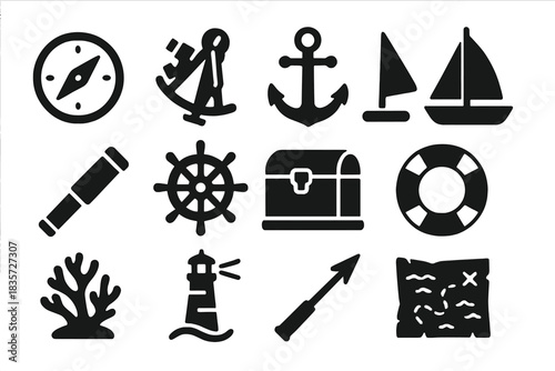 Maritime Exploration Icons. Solid style icons of Maritime Exploration: compass, sextant, anchor, sailboat, spyglass, ship wheel,