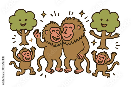 Cheerful Baboon Gathering. Friendly doodle baboon social interaction with smiling troop members, cartoon gestures and facial