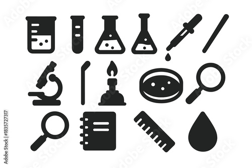 Laboratory Tools Icons. Solid style icons of laboratory tools and experimentation: beaker, test tube, flask, pipette, microscope,