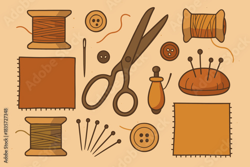 Vintage Sewing Tools. Flat lay of vintage sewing tools including spools of thread, scissors, and fabric, warm and nostalgic vector