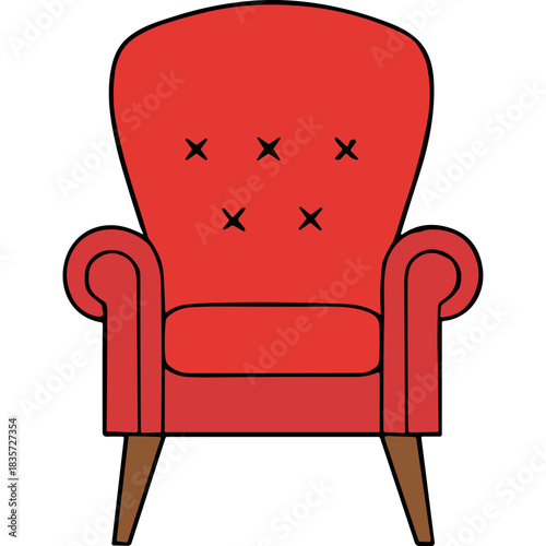 Classic Red Wingback Armchair With Button Tufting On A Black Background Featuring Four Tapered Wooden Legs And Curved Armrests A Comfortable Piece Of Furniture