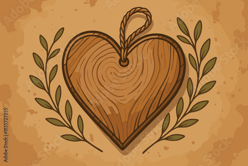 Rustic Heart Ornament. Rustic heart-shaped wooden ornament placed on a textured background with sprigs of greenery, warm and