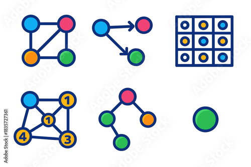 Vibrant Graph Theory Icons. Isometric vector illustration set Graph Theory: connected nodes, directed edges, adjacency matrix grid