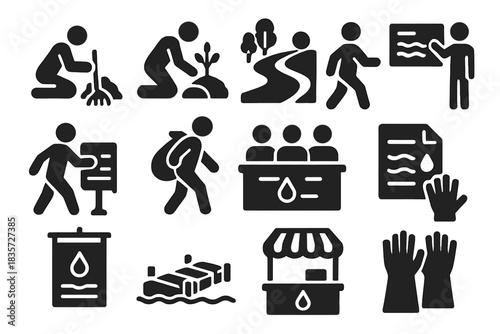 Community Water Initiatives. Solid style icons of Community water projects: volunteer cleanup, planting native trees, river walk,