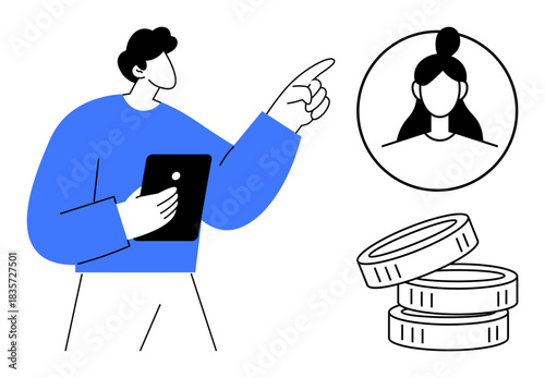 Business strategy, financial analysis, user profiling, consumer targeting, economic planning, resource allocation. Person with tablet pointing to profile, alongside coins. Business strategy