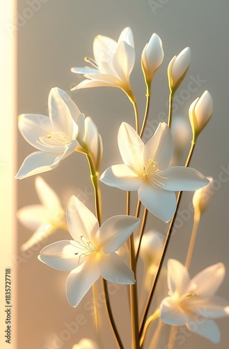 Elegant white flowers with delicate petals and buds in soft light.