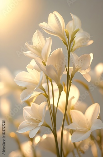 A delicate cluster of white freesia flowers bathed in soft, warm golden sunlight against a blurred background.