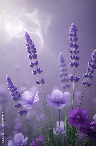 A close-up view of vibrant purple lavender and other delicate flowers blooming in a soft, ethereal light, creating a serene and dreamy atmosphere.