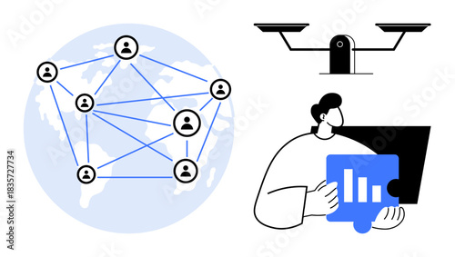 Technology, data analytics, artificial intelligence, surveillance, global communication, network security. A globe with connected people, a security camera and a person analyzing data. Technology