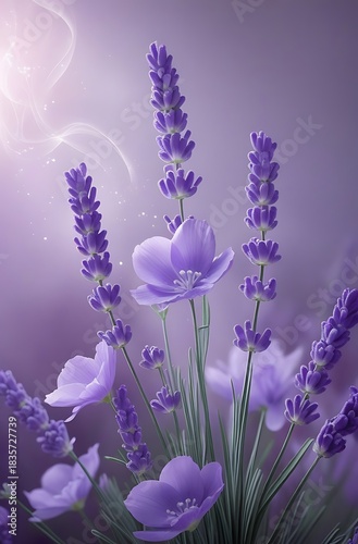 A close-up view of a bouquet of lavender flowers with delicate purple petals and green stems, set against a soft, ethereal purple background with glowing light effects.