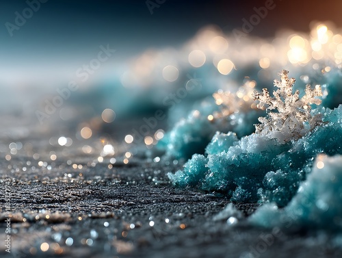 Minimal icy blue winter scene with soft snow falling and glowing silver particles. Perfect for elegant holiday designs and clean seasonal compositions.