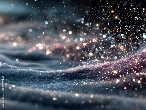 Minimal icy blue winter scene with soft snow falling and glowing silver particles. Perfect for elegant holiday designs and clean seasonal compositions.