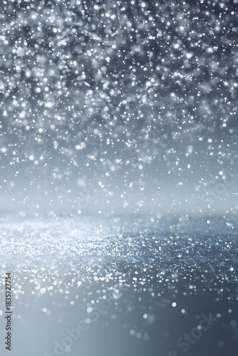 Minimal icy blue winter scene with soft snow falling and glowing silver particles. Perfect for elegant holiday designs and clean seasonal compositions.