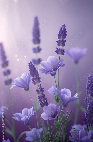 Close-up shot of vibrant lavender and other purple flowers in a soft, dreamy light.