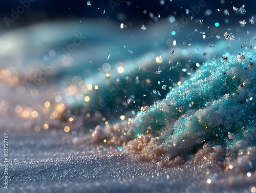 Minimal icy blue winter scene with soft snow falling and glowing silver particles. Perfect for elegant holiday designs and clean seasonal compositions.