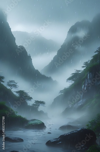 Misty Mountain Valley with a River Flowing Through Lush Greenery.