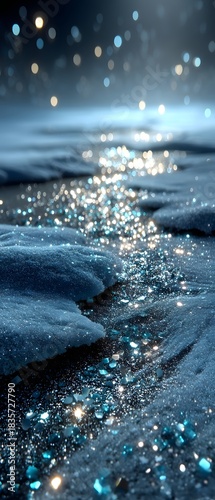 Frosty winter background with shimmering silver particles, gentle snowfall, and smooth blue gradients. Suitable for winter marketing, festive cards, and social media visuals.