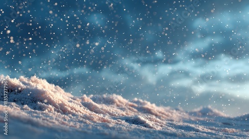 Frosty winter background with shimmering silver particles, gentle snowfall, and smooth blue gradients. Suitable for winter marketing, festive cards, and social media visuals.