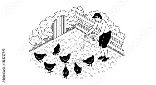 A black and white line art illustration of a person feeding chickens in a farm yard. Minimalist graphic of a farmer caring for poultry. Homesteading and agriculture concept