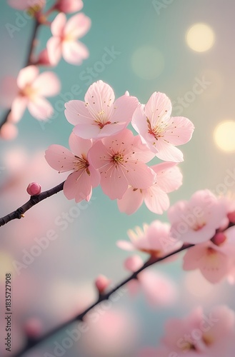 Close-up view of delicate pink cherry blossoms blooming on a branch against a soft, blurred background.