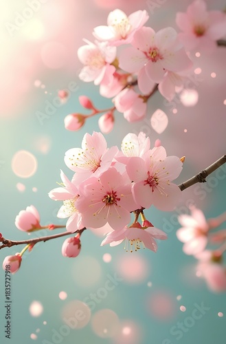 Delicate pink cherry blossoms on a branch with a soft, dreamy bokeh background.