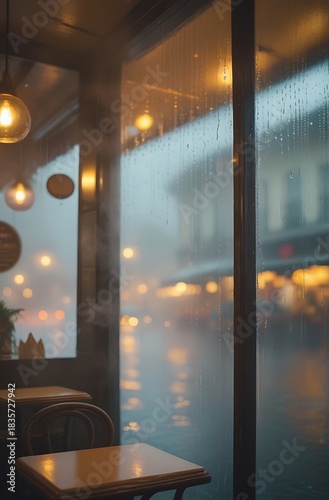 Cozy cafe interior with tables and chairs, viewed through a rain-streaked window at dusk.
