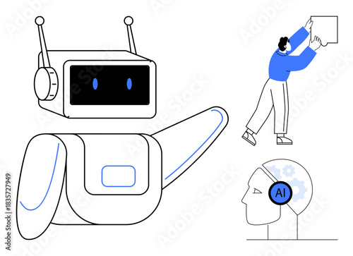 Artificial Intelligence concept. Robots, human collaboration, and AI innovation for advanced automation. Artificial Intelligence transforming industries, education, and technology solutions. Ideal