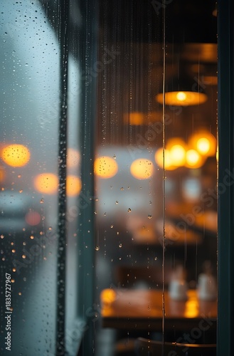 Raindrops on a window with blurred lights inside a building.