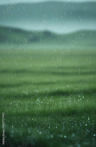 Rain falling over a vibrant green field, creating a serene and refreshing atmosphere.