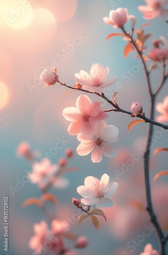 Close-up of delicate pink cherry blossoms blooming on a branch against a soft, blurred background.