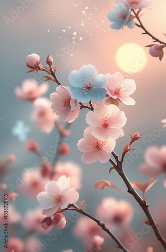 Soft focus close-up of delicate pink and light blue cherry blossoms on branches with a warm, glowing sunset background and sparkling bokeh.