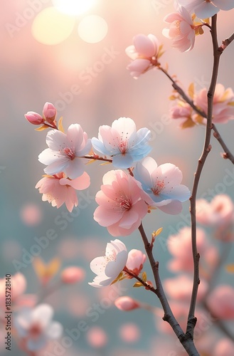Close-up of delicate pink and white cherry blossoms on a branch with a soft, glowing background.
