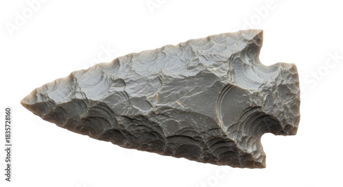 Close-up of a gray stone arrowhead, showcasing intricate flaking and sharp edges.