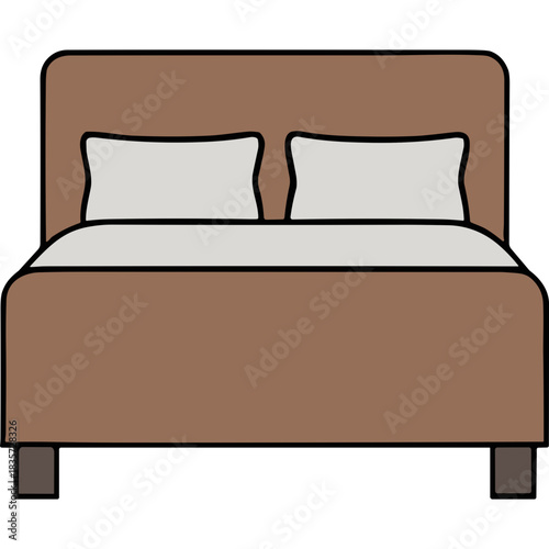 Brown Upholstered Headboard Bed with Two White Pillows and White Sheets on a Black Background Flat Design Simple Illustration