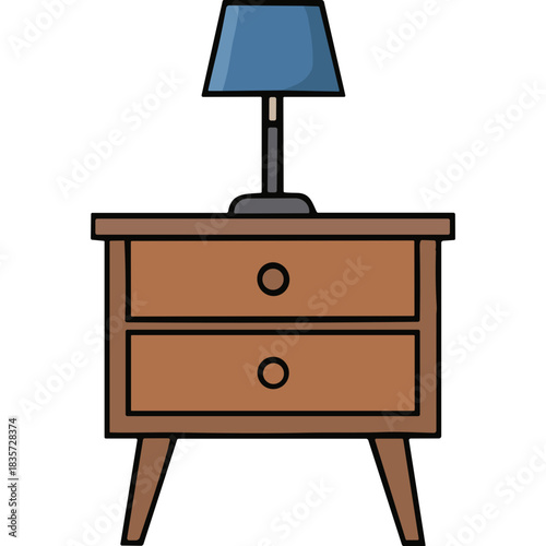 Brown wooden nightstand with two drawers and a blue lampshade on top set against a black background a simple illustration