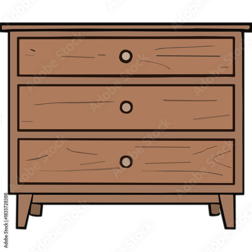 Brown Wooden Three Drawer Dresser With Round Knobs And Tapered Legs Minimalist Illustration Isolated On Black Background