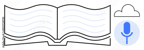 E-learning, voice recognition, digital storage, cloud computing, education, AI tools. Open book with a cloud and microphone icon. E-learning and voice recognition concept