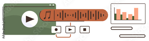 Media player interface, audio waveform, playback controls, and chart. Ideal for content strategy, media production, broadcasting, analytics education tutorial and marketing. Simple flat metaphor