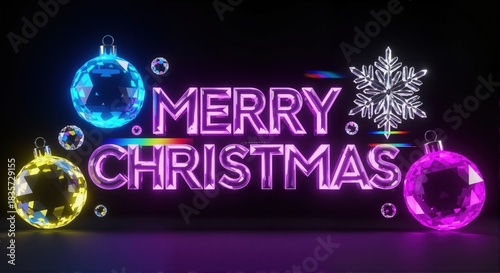 Modern Merry Christmas greeting with glowing purple neon text. 3D illustration with vibrant crystal ornaments and a snowflake on a dark background
