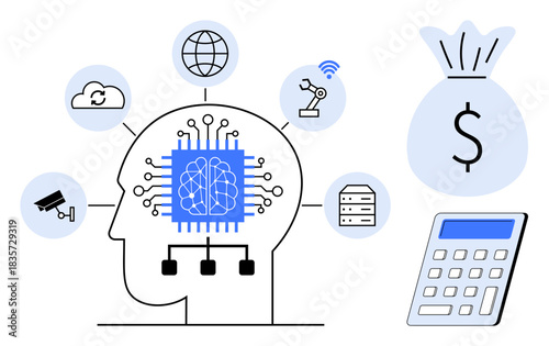Artificial intelligence, finance management, automation, machine learning, cybersecurity, innovation. Human brain with neural chip and connected icons for data processing. AI and financial technology