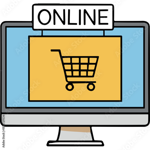 Computer Monitor Displaying an Online Shopping Cart Icon Against a Light Blue Screen with the Word ONLINE Above