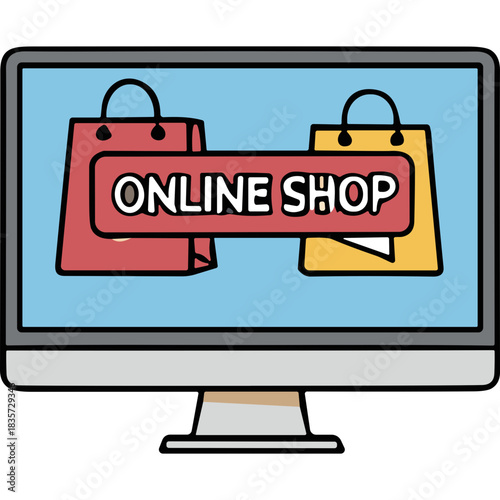 Computer Monitor Displaying Red and Yellow Shopping Bags with ONLINE SHOP Text on a Light Blue Background Screen Representing E-commerce and Retail Transactions