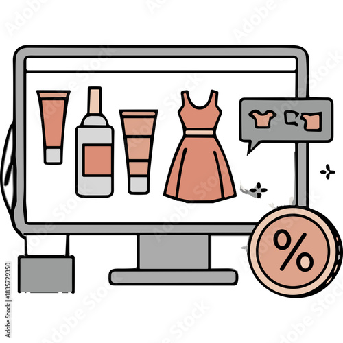 Computer Screen Displaying Online Shopping Sale With Dress and Cosmetics Products Plus Percentage Discount Symbol Illustration