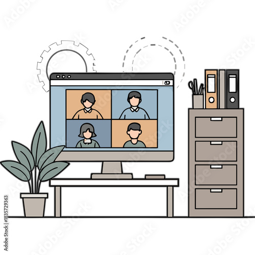 Computer screen displays four participants in a virtual meeting with a plant and office supplies on desk and filing cabinet in background isolated on black.